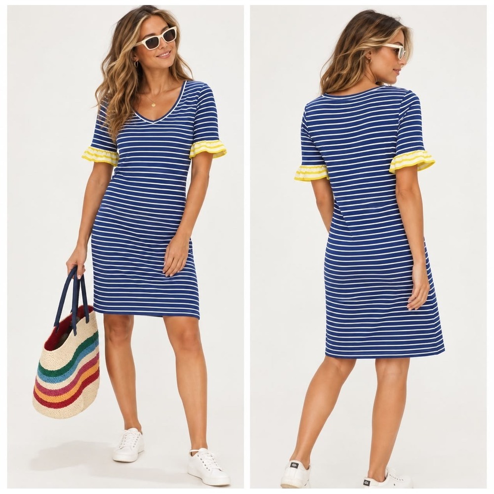 BODEN Women's Knee Jersey Dress 4R Blue White Striped V-Neck Cotton J0416
